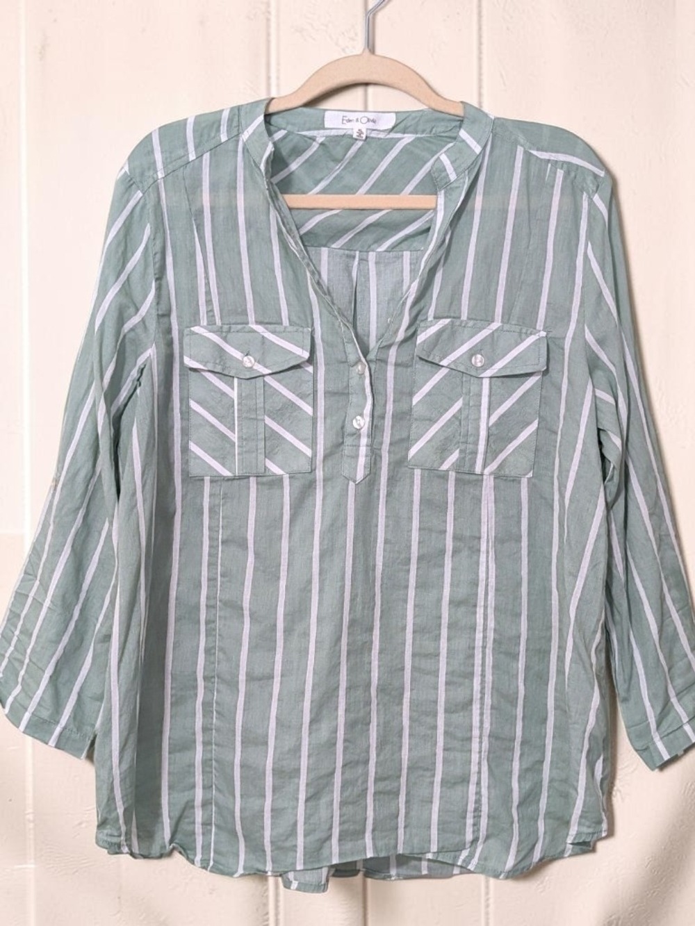 Eden & Olivia Sage Green White Stripe Button Front Shirt